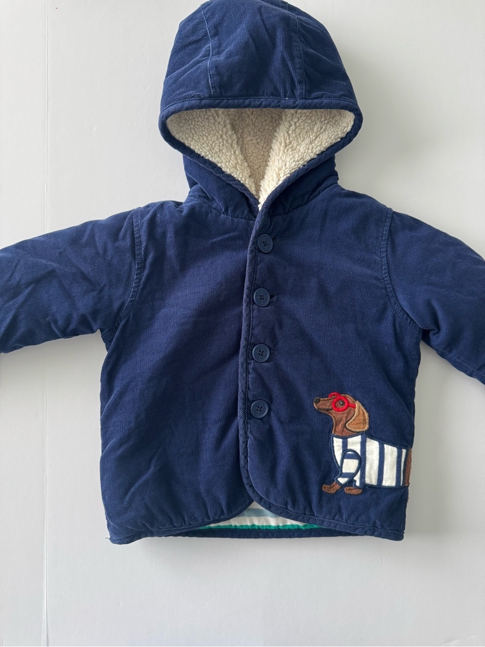 Baby Boden Navy Blue Corduroy Hooded Dachshund Dog Coat 18-24M